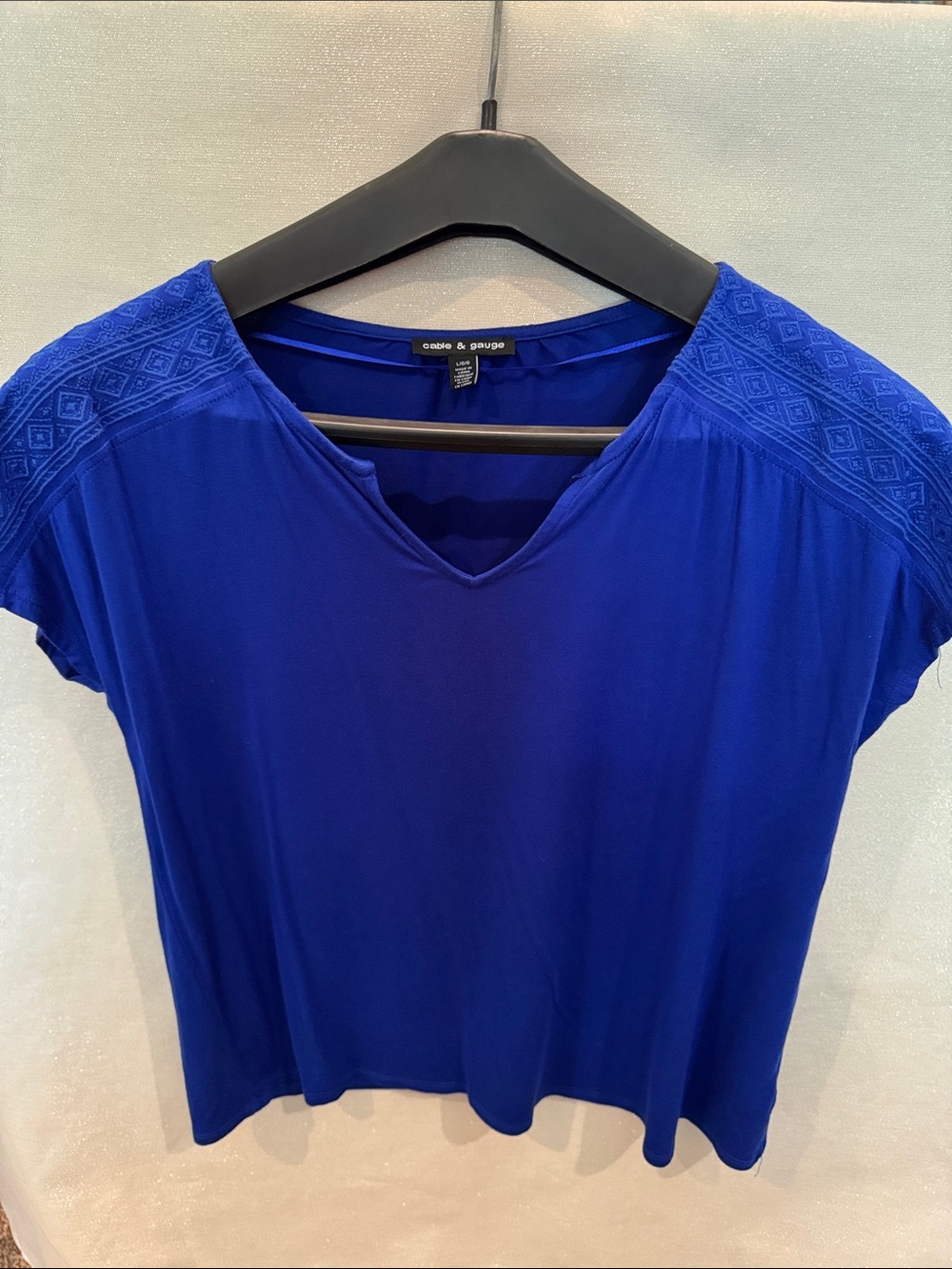 Cable & Gauge Royal Blue Embroidered Shoulder V-Neck Top